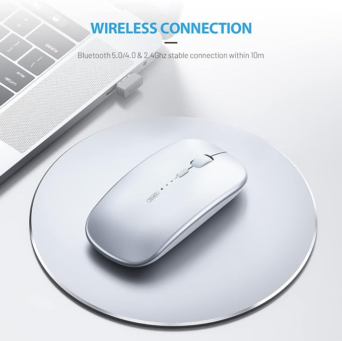 INPHIC Bluetooth Mouse Rechargeable, Battery Visible, 2.4G Silent Cordless,1600 DPI with USB Receiver, Silver