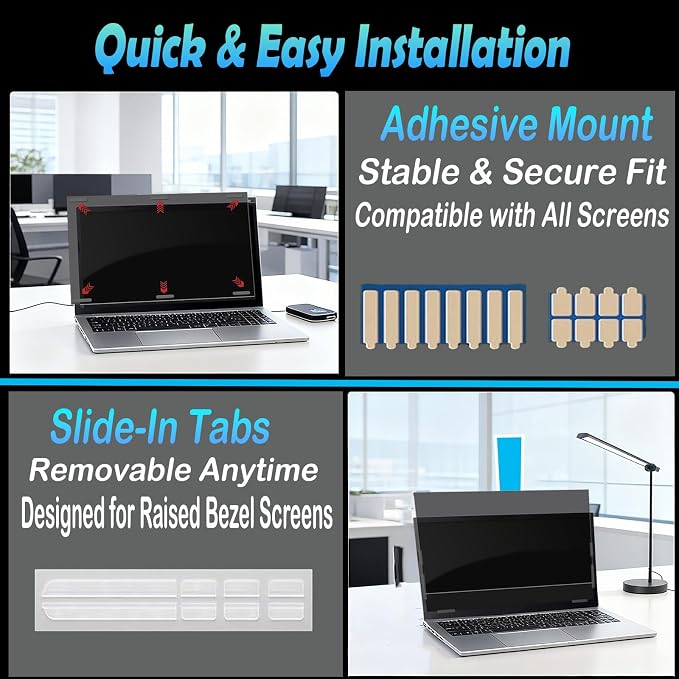 15.6 Inch Privacy Screen for Computer Monitor, 16:9 Anti-Spy Filter for Laptop & PC Display, Blue Light Blocking Anti-Glare Reversible Protector Film, Easy Slide-Mount Installation (15.6 Inch Widescreen(16:9))