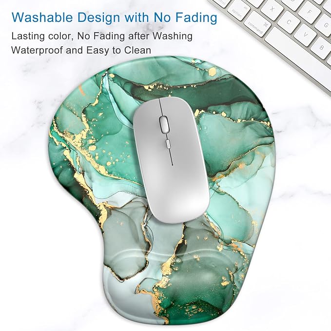 ITNRSIIET Ergonomic Mouse Pad with Gel Wrist Support Wrist Rest Smooth Surface Non-Slip PU Base Comfortable Office Supplies Pain Relief, 9.5 x 8 inches, Green Marble Texture