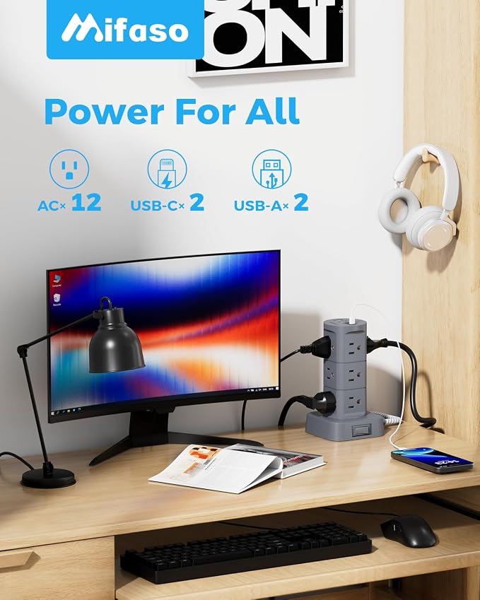 Charging Station Tower, Power Strips with Surge Protection, Flat Plug, 12 Outlets 4 USB Ports, 1875W/15A 1080J 6Ft Extension Cord with Multiple Outlets, Office Desk Supplies, Dorm Essentials, Gray