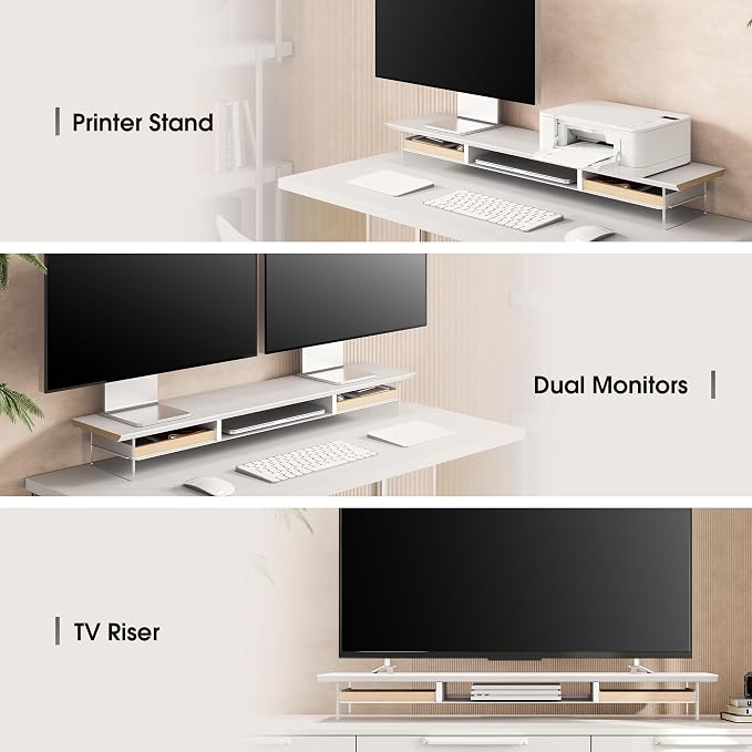 Fenge 42.5” Dual Monitor Stand Riser with 2 Felt-Lined Drawers, Aesthetic Metal and Wood Monitor Shelf with Acrylic Legs, 2-Tier Desk Organizer for 2 Monitors, Laptop, Printer, TV, White