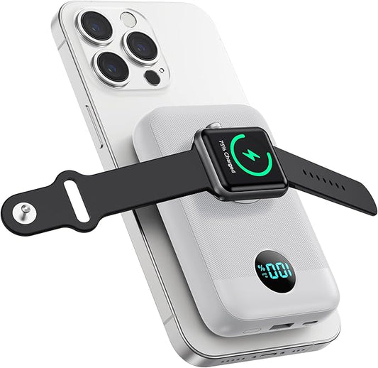 Pxwaxpy Magnetic Portable Charger 10800mAh,4-in-1 Power Bank with iWatch Charger, 25W PD Fast Charging USB C Battery Pack for Magsafe,iPhone 17/16/15/14/13/12 Series,Apple Watch (White)
