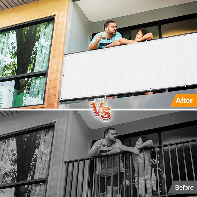LOVE STORY 3' x16' White Waterproof Balcony Privacy Screen Cover - Opaque Fence Covering Privacy, 100% Polyester Fabric, UV Protection Shield for Apartment Railing,Outdoor Patio, Deck, Porch