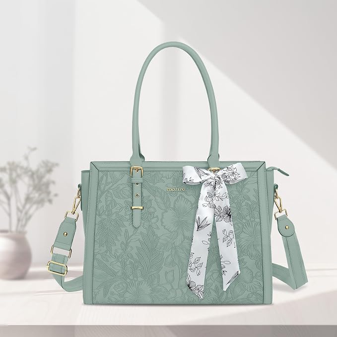 MOSISO Laptop Bag for Women, 15.6-16 inch PU Leather Tote Bag Compatible with MacBook, HP, Dell, Asus Notebook, Front Embossed Retro Hibiscus Computer Bags with Silk Scarf&Clutch Purse, Antique Green
