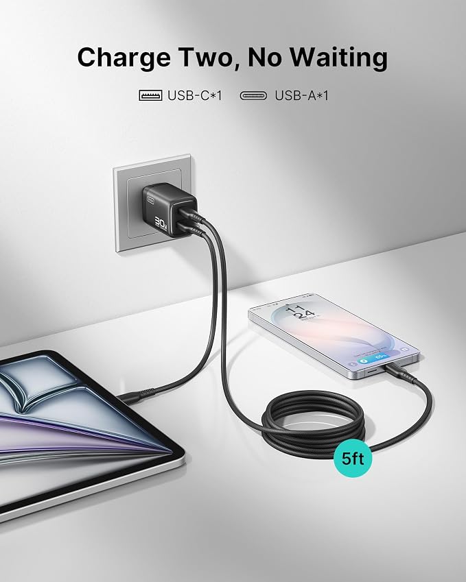 INIU USB C Charger Block, 2-Pack 30W PD Fast Charging, [USB-C + USB-A] Dual Port with Foldable Plug, GaN Tech Type C Power Adapter for iPhone 17 16 15 Pro Max, iPad Air, Samsung S26, Google Pixel etc