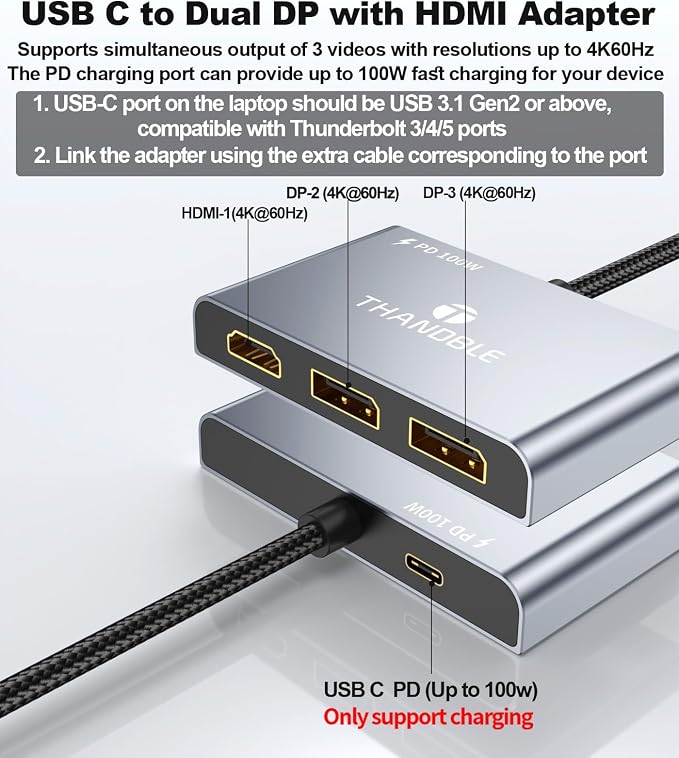 USB C to Dual DisplayPort Adapter and HDMI with 100W PD Charging, Triple 4K60Hz Monitor Extender for Dell/Surface Pro/HP, DP Splitter Extended Display Hub, Laptop Multi-Screen Adapter