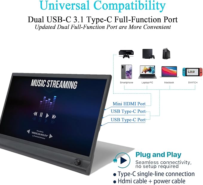 15.6Inch Laptop Monitor Exteder, Portable Monitor for Laptops 1080P FHD USB C Laptop Screen Extender with Brightness Adjustment Dial, Lap Second Screen, Travel Monitor for Mac PC Phone