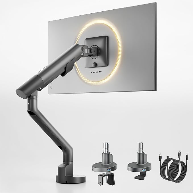 monTEK Single Monitor Arm with USB for 17-40 Inch Screens, Up to 26.4 lbs, Heavy Duty Monitor Mount with VESA Mount, Full Motion Adjustment Monitor Stand C-Clamp/Grommet Base,VESA 75/100mm, Gray