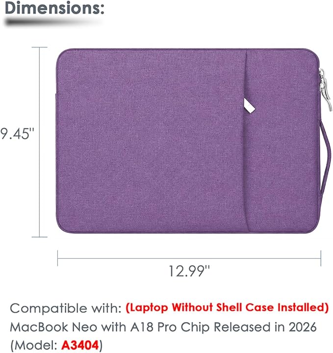 13 Inch Laptop Sleeve Case for MacBook Neo 13'' with A18 Pro Chip Released in 2026 (Model:A3404) Protective with Adjustable Handle Carrying Canvas Bag Accessories for Students Home Office (Purple)