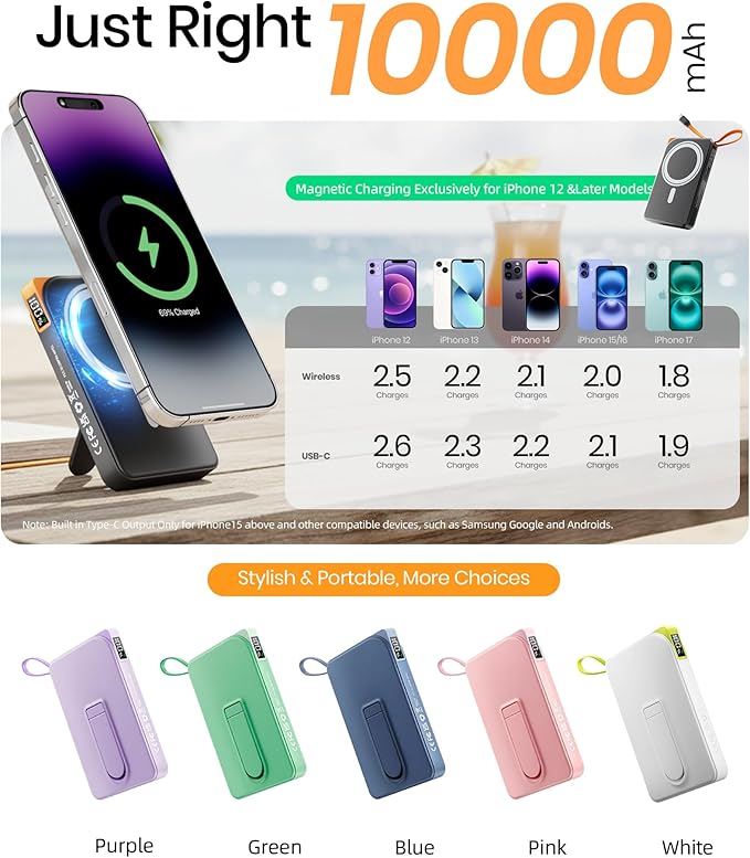 Magnetic Power Bank, for Magsafe Battery Pack with Stand, 10000mAh Wireless Portable Charger Fast Charging with Built in Cable(USB C), Powerbank for iPhone17/16/15/14/13/12 Travel & Daily, Blue