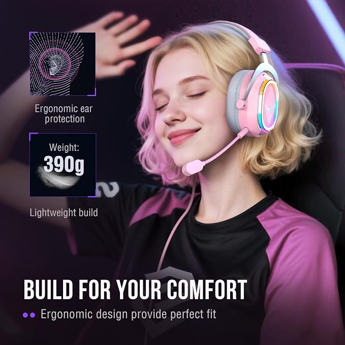 FIFINE Wired RGB Gaming Headset, PC Over-Ear Streaming Headset with USB, 7.1 Surround Sound, Noise-Cancelling Mic, Soft Ear Pads, 4 EQ Modes for PC, Laptop, Mac, PS4, PS5 - AmpliGame H13P (Pink)