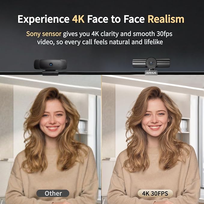 AIRHUG 4K 30fps Webcam - Sony 16MP Sensor, PDAF Autofocus, Auto Light Correction, Dual Omnidirectional Mics, 63° Focused View for Streaming Camera, Built-in Privacy Cover, Plug & Play for Windows/Mac