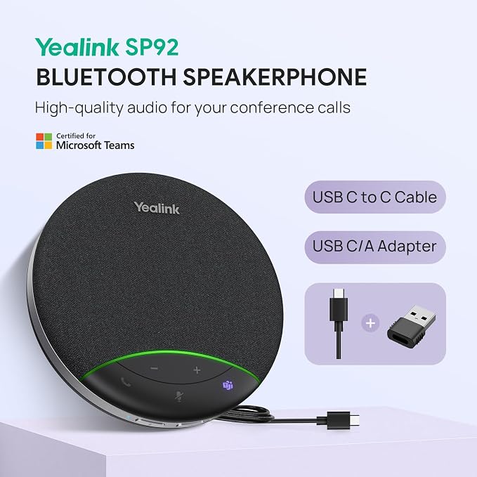 Yealink SP92 USB Speakerphone Bluetooth Conference Speakers and Microphone Teams Certified Full-Duplex Noise Reduction 360 Audio Pickup for Small Meeting Room (No Dongle)