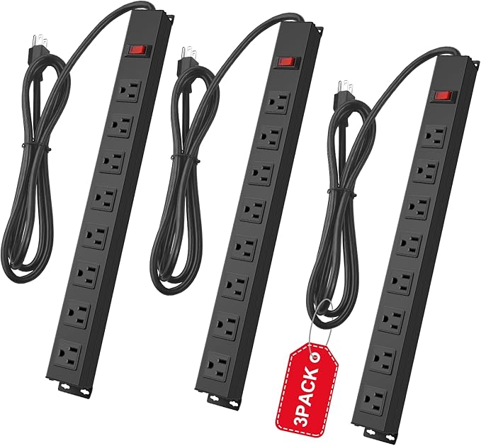 3Pack Metal 8 Outlet Mountable Power Strip, Wall Mount Outlet Heavy Duty, Wide Spaced Commercial Shop Power Strip with Switch, 3 FT Power Cord.