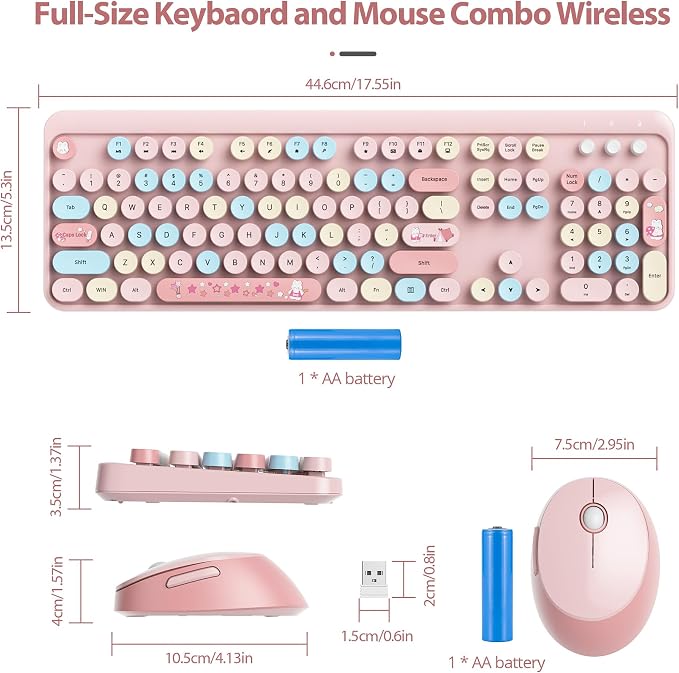 Fogruaden Pink Wireless Retro Typewriter Keyboard, 2.4GHz Full Size Cute Keyboard with Number Pad, Pink Colorful with Retro Round Keycaps for Windows PC Laptop