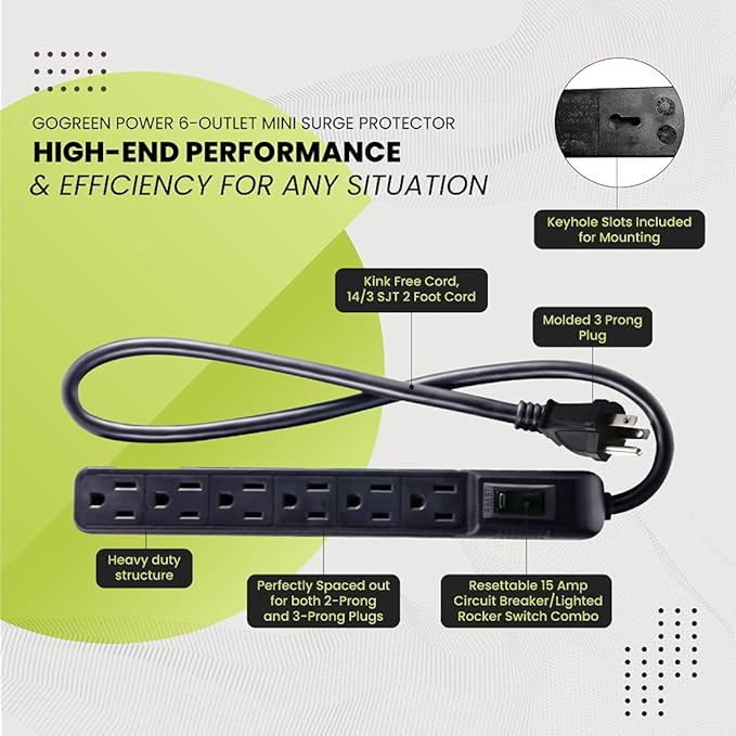 Go Green Power Inc. GG-16103MINBK 6 Outlet Surge Protector, Black