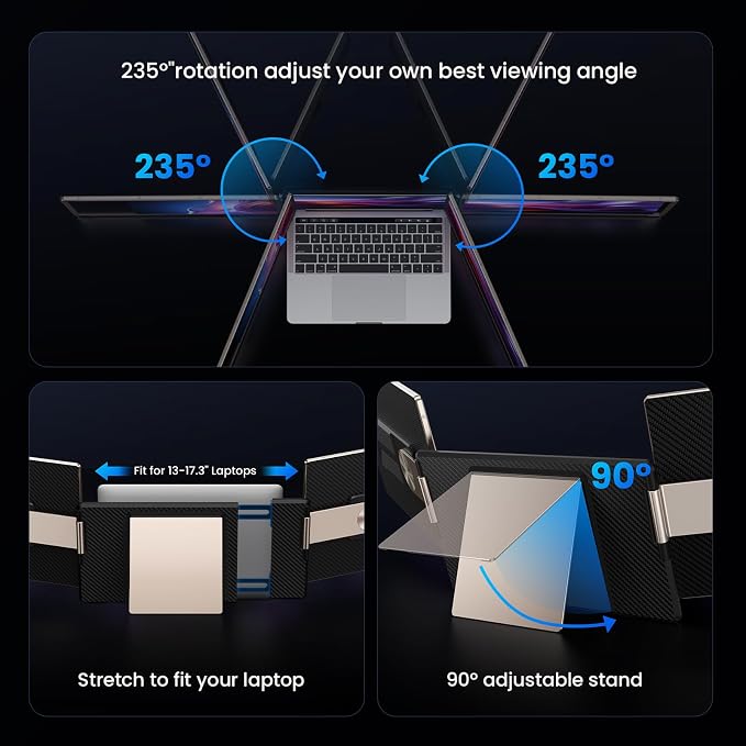 15.6" Laptop Screen Extender, 1080P FHD Laptop Monitor Extender, 235° Rotating Detachable Dual Monitor, Plug & Play Triple Screen for 13"-17.3" Laptops, Compatible with Mac/Windows/Android & Dex