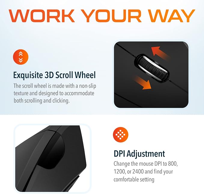 Delton Ergonomic Vertical Rechargeable Wireless Mouse with Auto Pair USB Dongle, 6 Buttons, 3 Adjustable DPI Levels (800/1200/2400), Compatible for PC, Laptop, Mac, Chromebook - Black