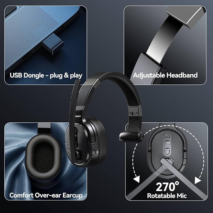 TECKNET Trucker Bluetooth Headset, Stable V5.2 & USB Dongle Connection, 70h Wireless Bluetooth Headsets with Mic and Mute, ENC Noise Canceling, Headset for Truck Drivers, Cell Phone, PC Comfort Office