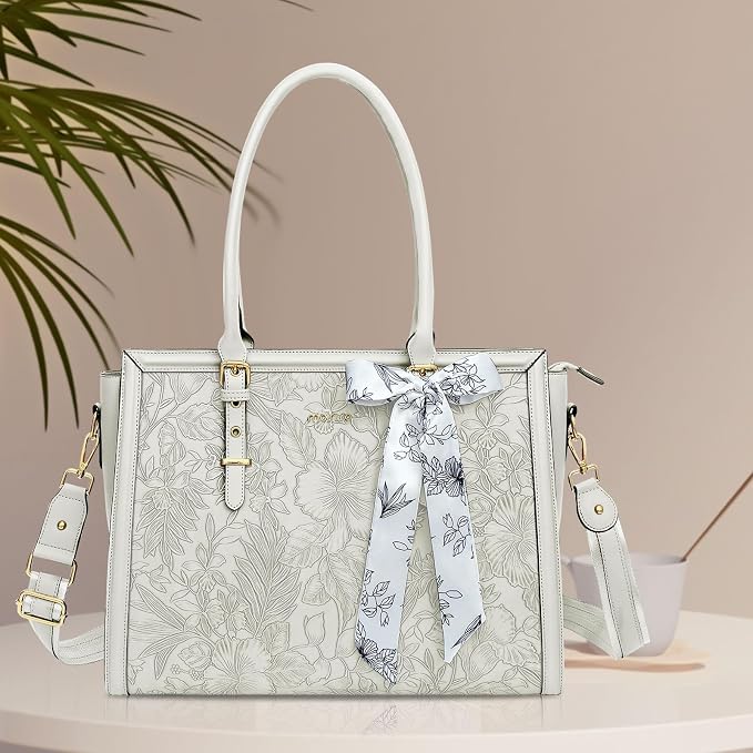 MOSISO Laptop Bag for Women, 15.6-16 inch PU Leather Tote Bag Compatible with MacBook, HP, Dell, Asus Notebook, Front Embossed Retro Hibiscus Computer Bags with Silk Scarf&Clutch Purse, Beige