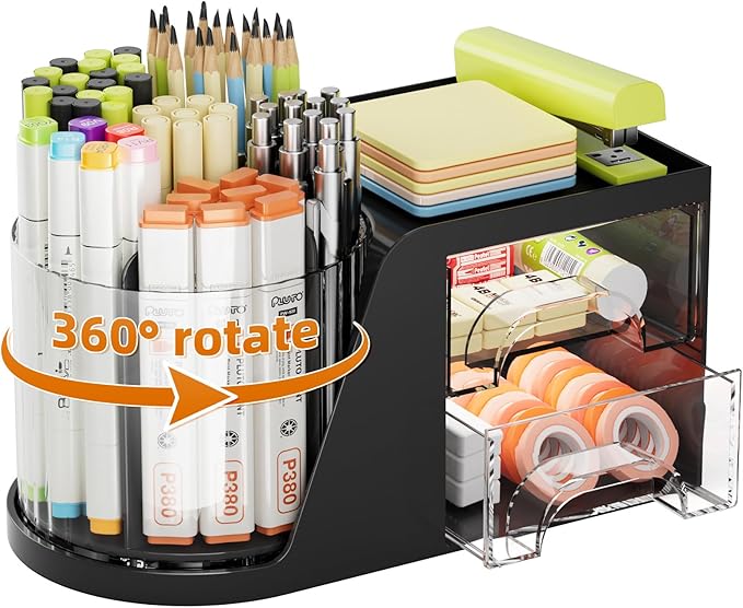 Marbrasse Desk Organizer with 2 Drawer, 360°Rotating Pen Holder, Desk Organizers and Accessories with 6 Slots Pencil Holder + 2 Drawer, Art Supply Storage Box Caddy for Office (Black)