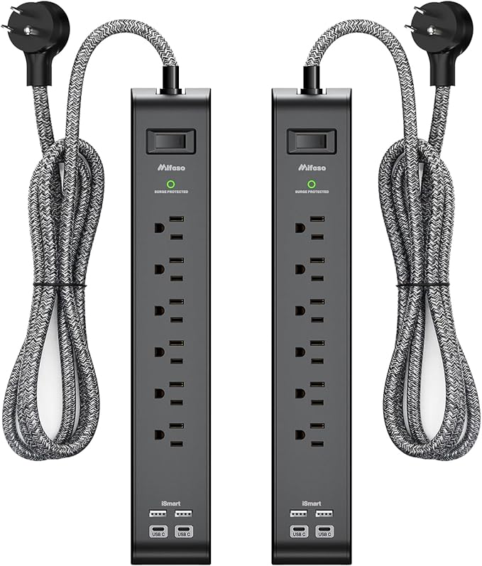 2 Pack 15FT Surge Protector Power Strip, Long Extension Cord with 6 Outlets 4 USB Ports, Flat Plug, 900 Joules, Wall Mount for Home Office Dorm