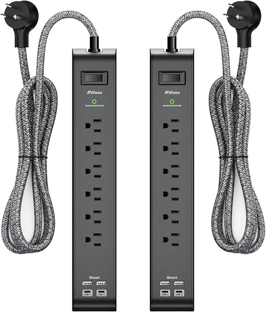 2 Pack 15FT Surge Protector Power Strip, Long Extension Cord with 6 Outlets 4 USB Ports, Flat Plug, 900 Joules, Wall Mount for Home Office Dorm