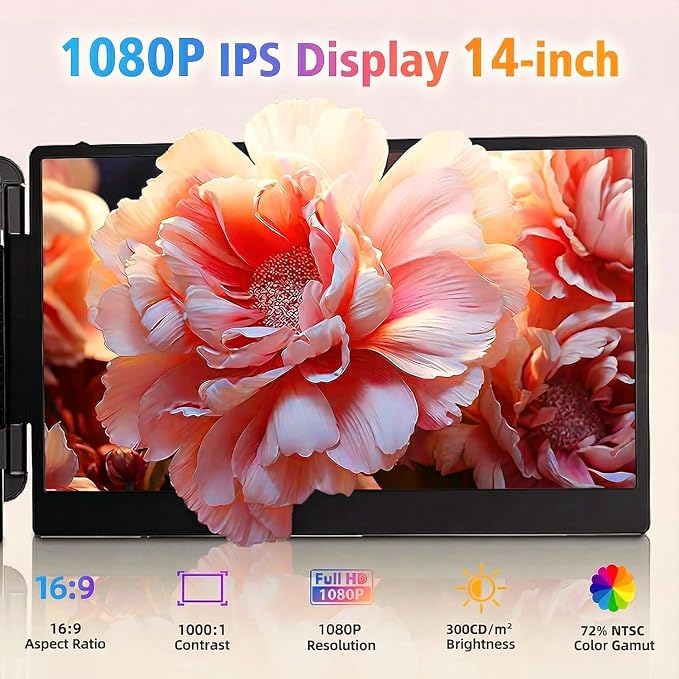 ROYY Laptop Screen Extender, 14" Portable Laptop Monitor FHD 1080P IPS, 180° Rotation Dual Screen, One Cable Plug & Play, Extra Compatible with Windows/Mac/Android/Switch/PS Fits 13"-17" Laptops