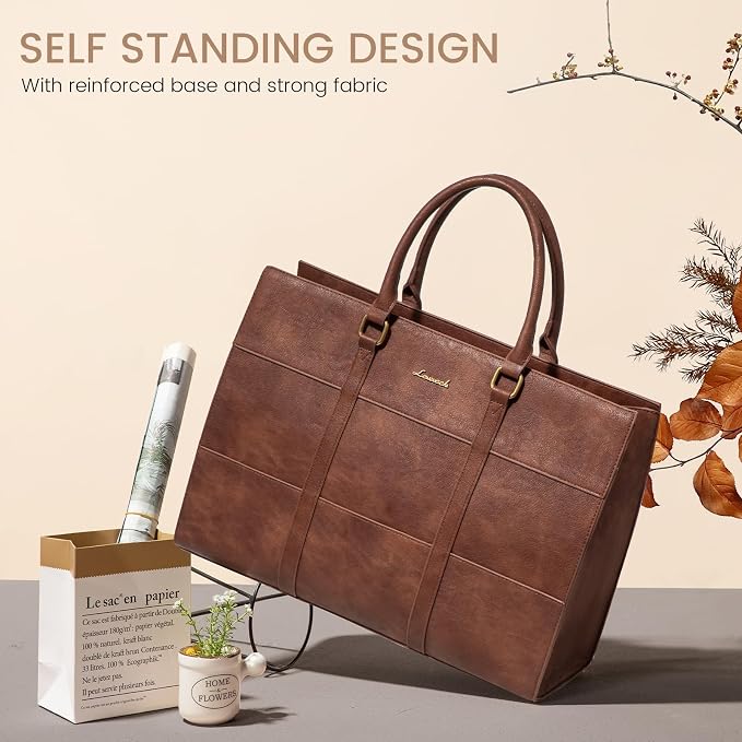 LOVEVOOK Laptop Bag for Women, 15.6 Inch Laptop Tote Bag, Vintage Leather Work Bags for Women, Waterproof Computer bag with Clutch Purse, Large Capacity Briefcase, Business Office Bag | Two-piece set
