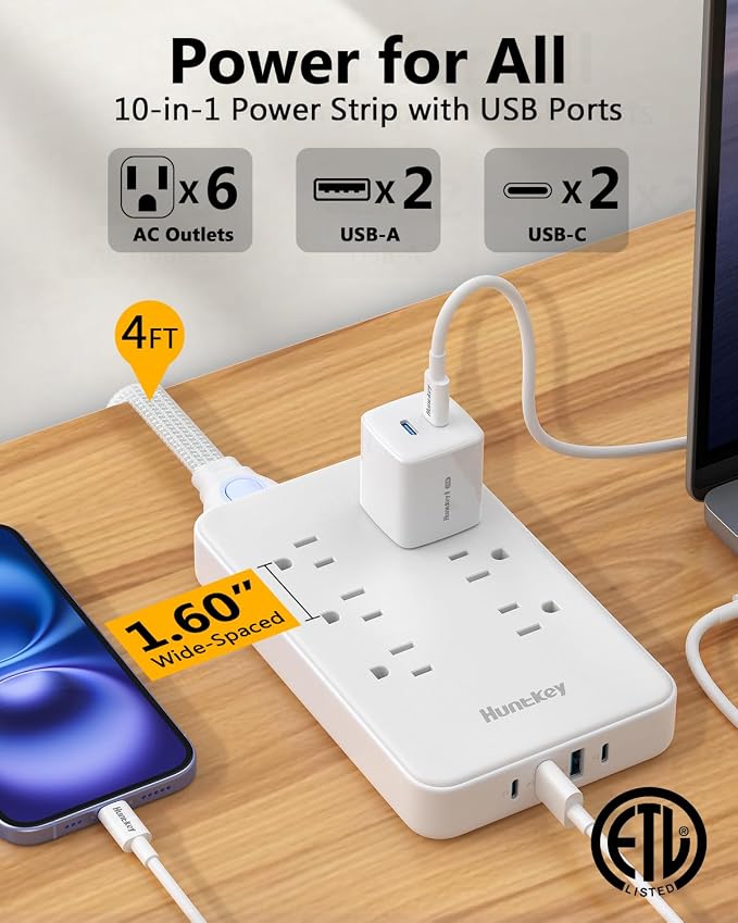 Innovative Power Strip, Cord Removable Design (4FT), Huntkey 6 Outlets Surge Protector with 4 USB Ports (2 USB-C, 2 USB-A), ETL Listed