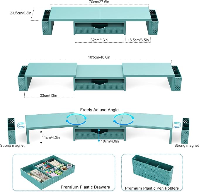 Spacrea Metal Desk Organizers and Accessories, Dual Monitor Stand Riser with Drawer and 2 Pen Holders, Desk Accessories & Workspace Desktop Organizers for Office Supplies (Blue)