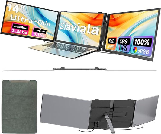 Laptop Screen Extender 0.17" Ultra-Thin, 14" 1080P FHD IPS Portable Monitor, Triple Screen Laptop Monitor Extender for 13"-17" Laptops, Plug & Play for Mac/Android/Chrome