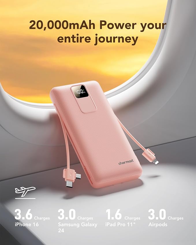 charmast Portable Charger with Built-in Wall Plug and Cables, 20000mAh Power Bank Travel Essentials, 20W Fast Charging Battery Pack Compatible with iPhone 17/16/15/14/13/12/11, Samsung, Android