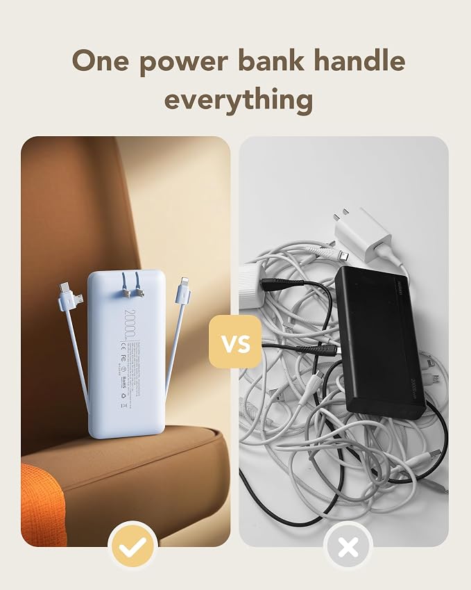 charmast Portable Charger with Built-in Wall Plug and Cables, 20000mAh Power Bank Travel Essentials, 20W Fast Charging Battery Pack Compatible with iPhone 17/16/15/14/13/12/11, Samsung, Android