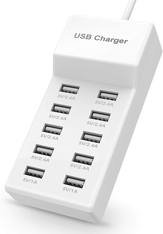 USB Charger USBA Wall Charger with Rapid Charging Auto Detect Technology Safety Guaranteed 10-Port Family-Sized Smart USB-A Ports for Multiple Devices Smart Phone Tablet Laptop Computer