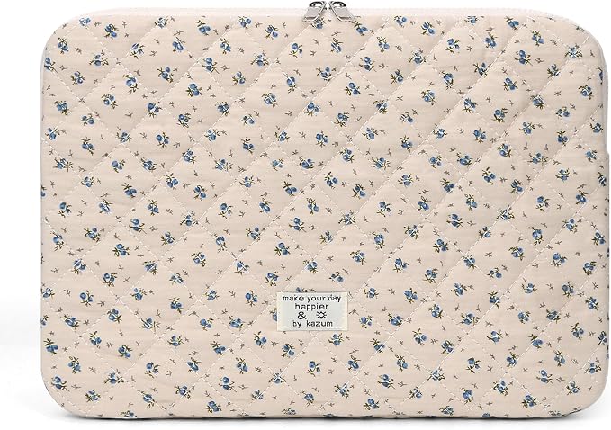Puffy Laptop Sleeve Case Cute Computer Bag Flower Printed Quilted Laptop Carrying Cases Floral Pattern Protective Cover