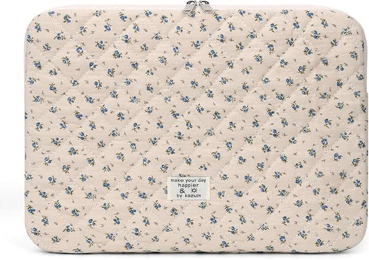 Puffy Laptop Sleeve Case Cute Computer Bag Flower Printed Quilted Laptop Carrying Cases Floral Pattern Protective Cover