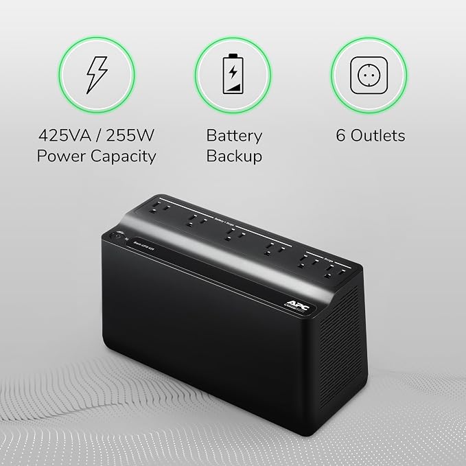 APC Back-UPS 425VA / 255W UPS Battery Backup Surge Protector, 6 Outlets, Small UPS for Router, Modem & Home Office, BE425M
