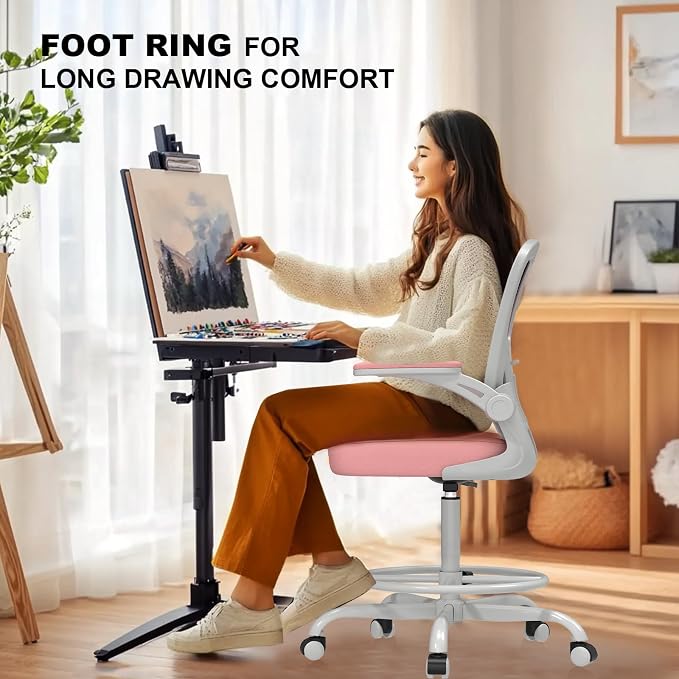 Synorla Ergonomic Drafting Chair, Tall Mesh Office Chair with Flip-up Armrests, Lumbar Support & Adjustable Footrest Ring for Standing Desk Gray Pink