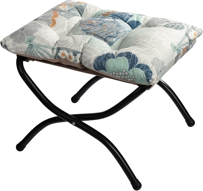 HollyHOME 15"(H) Folding Footrest Stool, Upholstered Small Foldable Ottoman, Accent Padded Sofa Foot Stool for Lazy Chair, Metal Frame Portable Foot Rest Ottoman for Living Room, Bedroom, Fan Print