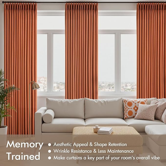 Memory Trained Pinch Pleated Curtains 84 Inches Long, Viral Linen Pinch Pleat Sheer Curtains with Ring Hooks&Clips for Track System Living Room,Terracotta Light Filtering Privacy Curtain 2 Panel Set