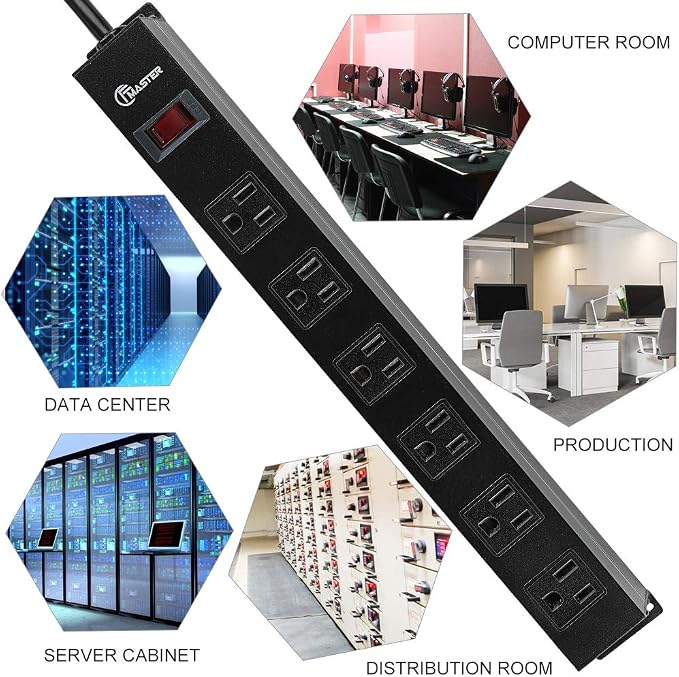 6 Outlet Heavy Duty Power Strip with Long Power Cord,Mountable Power Strip Without Surge Protector for Garage,Industrial,School and Home,15A 125V 1875W,ETL Approved and Listed,Black (8FT)