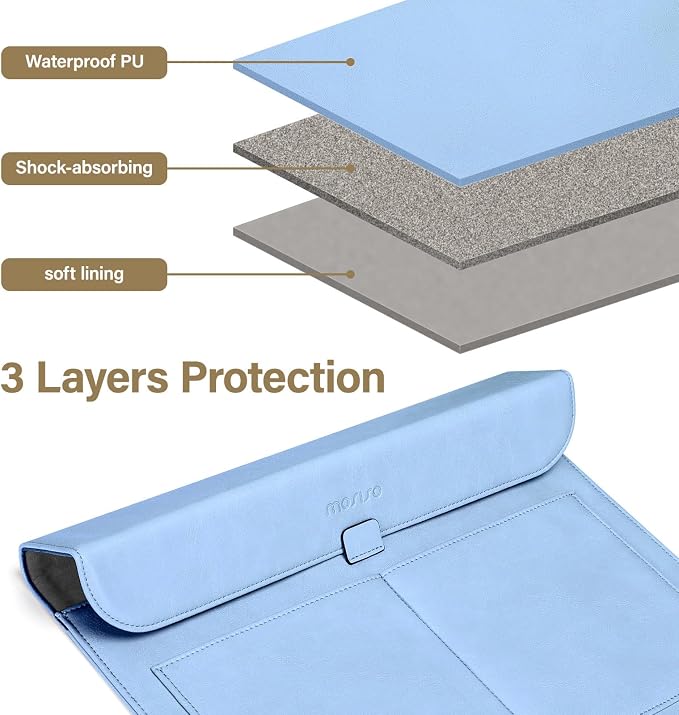MOSISO Laptop Case 13 inch, 13 inch Laptop Sleeve Compatible with MacBook Air M4 M3 M2 M1 2025-2018 / Pro M2 M1 2025-2016, PU Leather Flap Carrying Case with Stand&Small Pouch, Pastel Blue