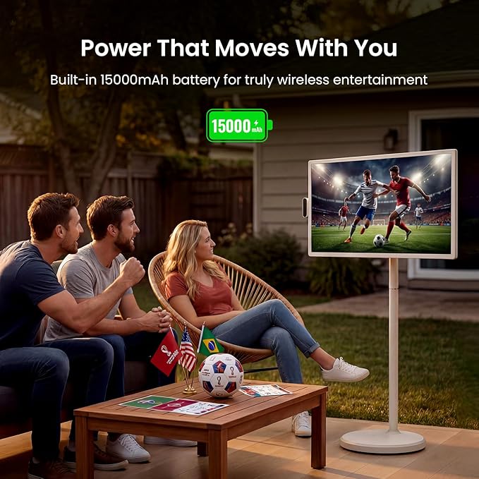 ApoloSign 32 Inch FHD Smart Portable TV 2nd Gen, 16(8+8) GB RAM+128GB, Android 16, EDLA-Certified, Rolling Tablet TV on Wheels, Built-in 15000mAh Battery, Full Swivel Rotation, Voice Remote Control