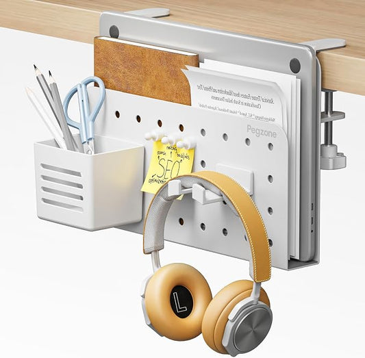 PEGZONE Desk Side Storage Organizer, No Drill Under Desk Laptop Holder, Clamp on Desks Shelf with Pegboard Accessories, Hanging Laptop Mount, Fits Flat Edge 0.4" to 2.2", White