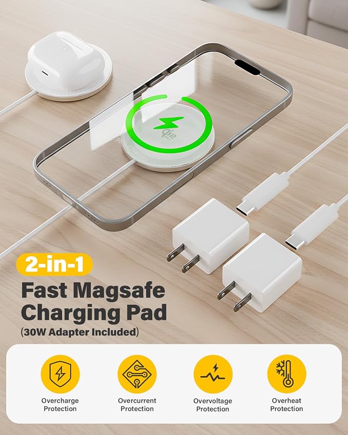 25W Magnetic Wireless Charger, 6FT Fast Charging Pad Qi2.2 Wireless Charge for iPhone 17 16 /AirPods3/2/Pro/for Galaxy S26 Ultra/Pixel 10 Series, Portable Charger for Desk& Travel(2Pack,White)