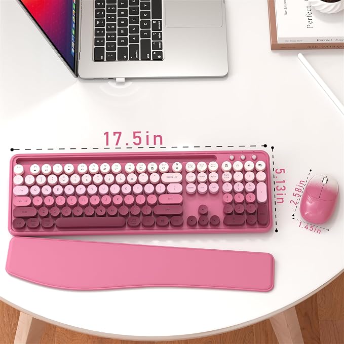 MPTOG Colorful Wireless Computer Keyboard and Mouse Combo with Phone Holder, Wrist Rest, Typewriter Keys, 2.4GHz Wireless, Full-Sized Optical Mouse for PC and Laptop(Rose-Red Colorful)