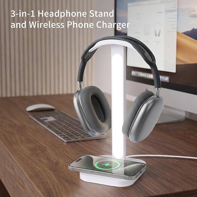 3 in 1 Gaming Headphone Stand with Wireless Charger, Desktop Headset Holder Hanger Rack, Wireless Charging Station Compatible for iPhone Series, PS5, Xbox, PC Gaming Desk Accessories
