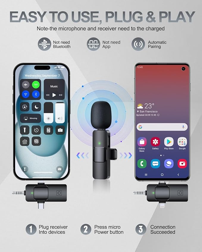PQRQP 3 in 1 Professional Wireless Lavalier Microphone for iPhone/Android/Camera, Wireless Microphones, Mini Microphone, Crystal Clear Sound Quality for Recording, Live Streaming, Clips-Elegant Black