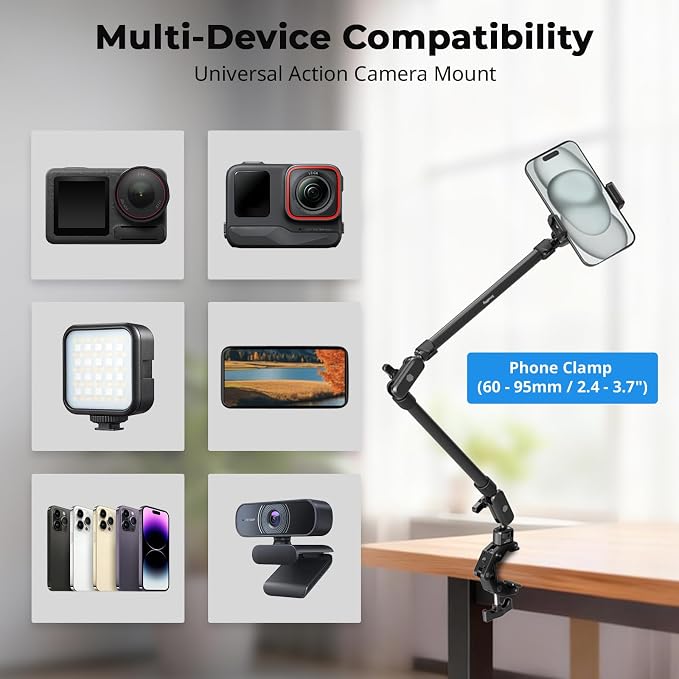SmallRig 26" Magic Arm with Super Clamp, Overhead Phone Mount, Flexible Desk Camera Mount with 1/4" Screw and Cable Clip, Max Load 2.2lb, for iPhone, Action Camera, Video Light, Webcam, Mic - 5625